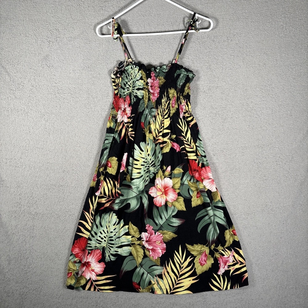 Vintage Shannon Marie Hawaiian Mini Dress Women's Size XS/S Black Floral Smocked